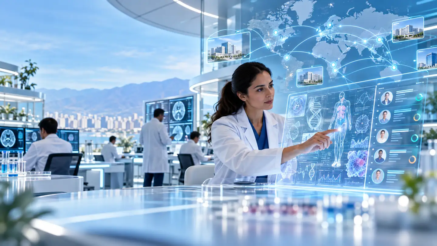 Investigadora usando una interfaz de datos biomédicos conectada globalmente